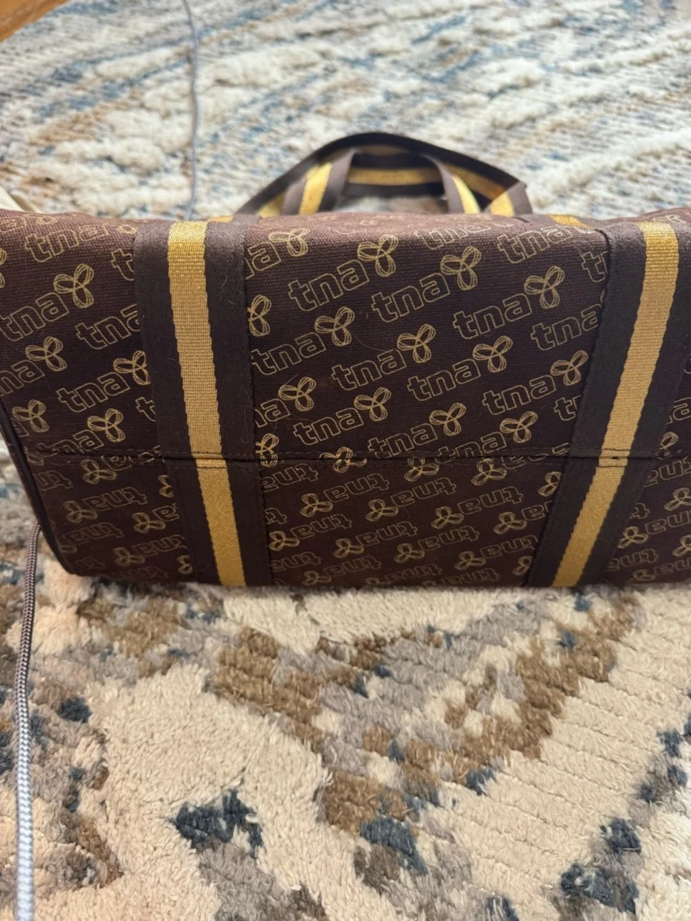 TNA Brown Barrel Tote with Striped Mustard Handles - Picture 3 of 9